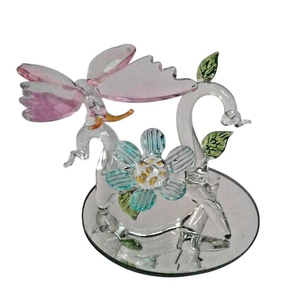 Blown Glass Pink Butterfly Figurine Branch Mirror Baser Figurine Blue Flower